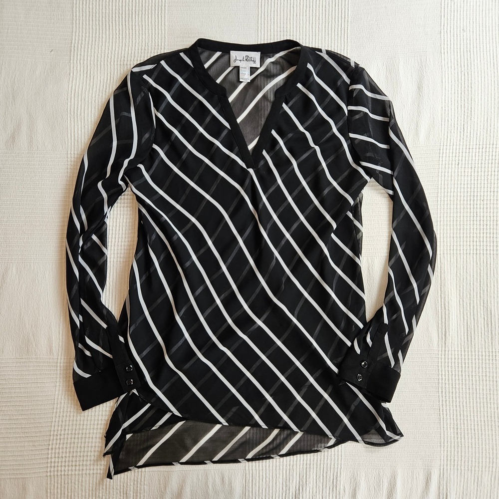 Joseph Ribkoff Sheer Diagonal Stripe Roll Tab Sleeve Tunic Top Black Women 10